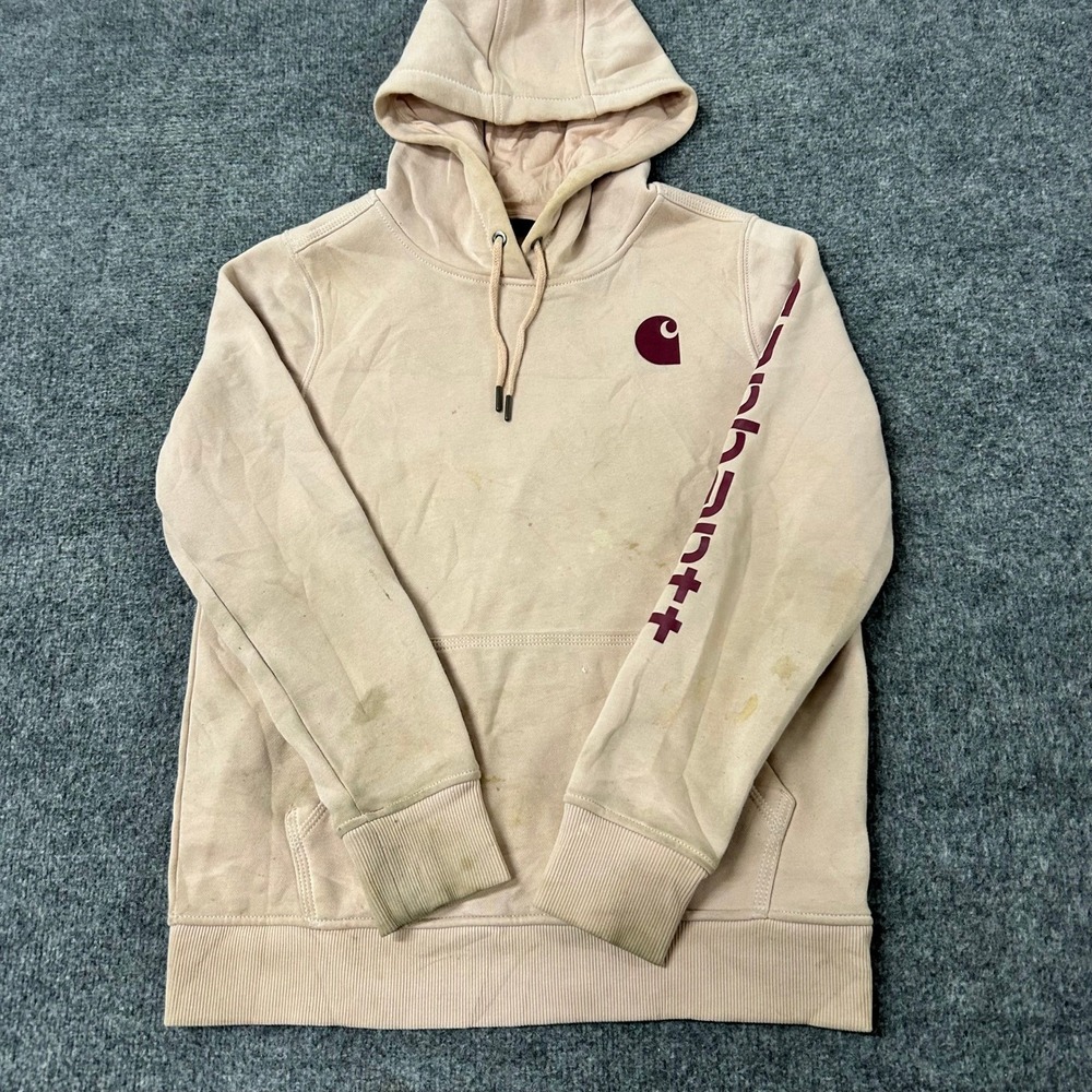 Carhartt Hoodie Womens Size M Peach TS0288-W Relaxed Fit Graphic Sleeve Stained